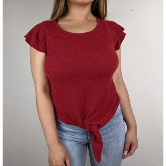 Madewell Flutter Sleeve Round Neck Tie-Front Marin Sweater Tee Red Size Small - Picture 1 of 6